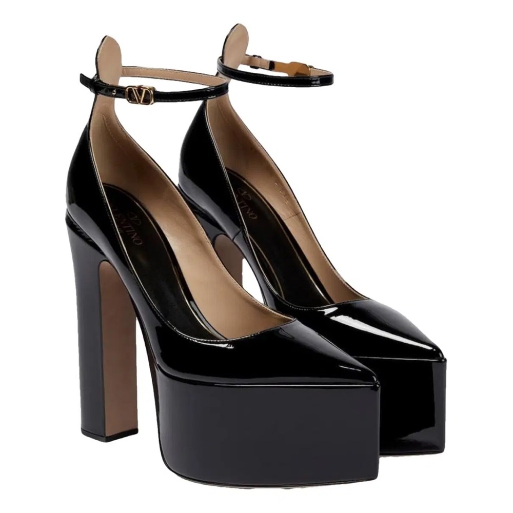 Valentino Black Patent Platform Pumps with Ankle Strap
